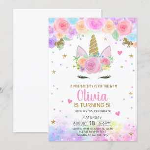 Fille Unicorne aquarelle et invitation d'anniversa