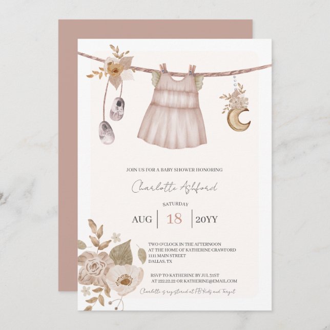 Fille Vêtements bébé Boho Baby shower Invitation (Devant / Derrière)