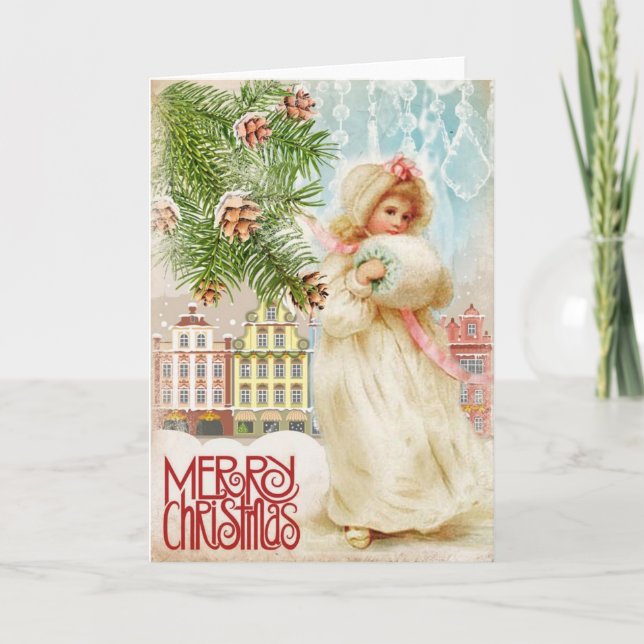 Fille victorienne dans la carte de Noël de manteau (Devant)