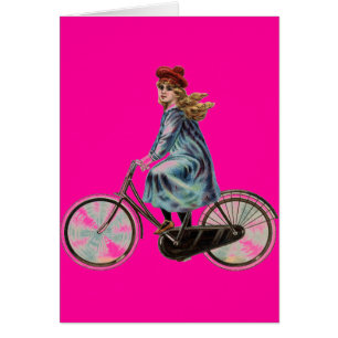 Fille vintage de bicyclette dans le rose au néon