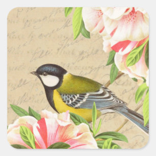 Fille vintage oiseau et autocollant de fleurs