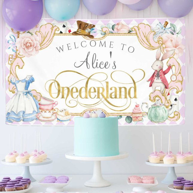 fille violette 1er anniversaire, bannière Alice On (Purple, girl 1st birthday, alice onederland biryhday party banner.)