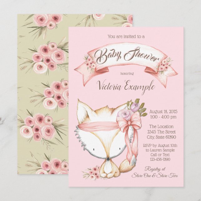 Fille Woodland Fox Baby Shower Invitations (Devant / Derrière)