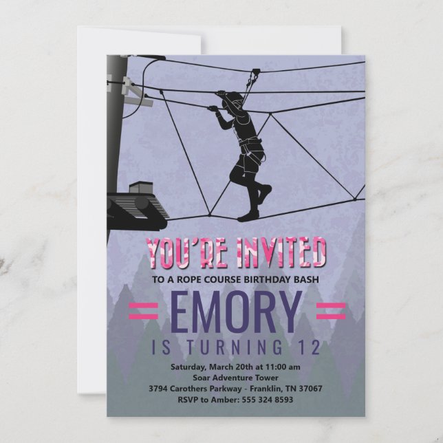 Fille Zipline Cours Anniversaire Invitation (Devant)