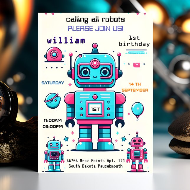 filled boy cute Toy funny robot first 1st birthday Invitation (Creator Uploaded)