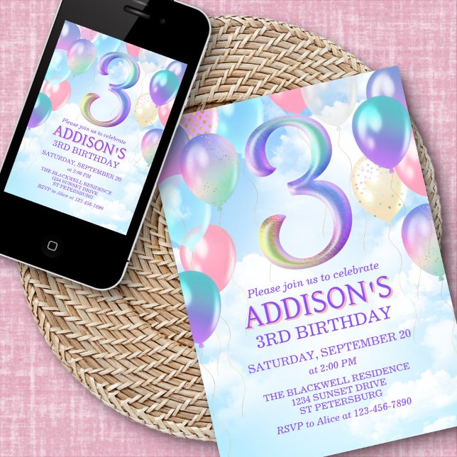 Filles 3e anniversaire Rainbow Balloons Invitation (Créateur téléchargé)