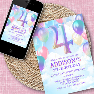 Filles 4e anniversaire Rainbow Balloons Invitation
