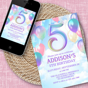 Filles 5e anniversaire Rainbow Balloons Invitation