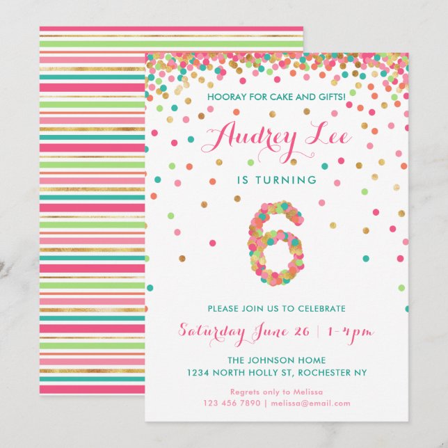 Filles 6e anniversaire Invitation fête d'anniversa (Devant / Derrière)