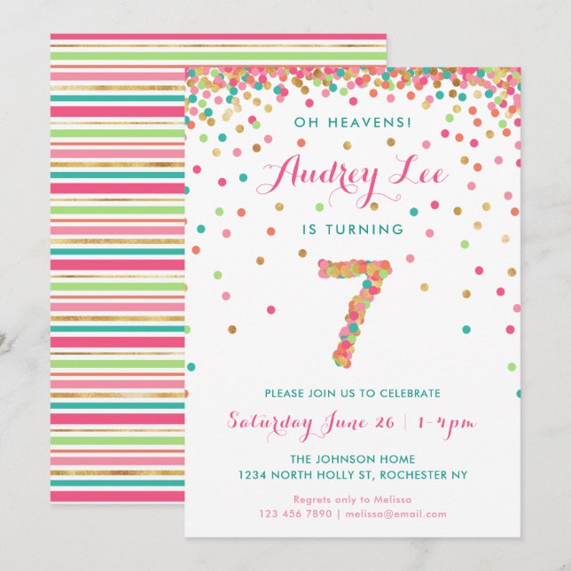 Filles 7e anniversaire Invitation fête d'anniversa (Devant / Derrière)
