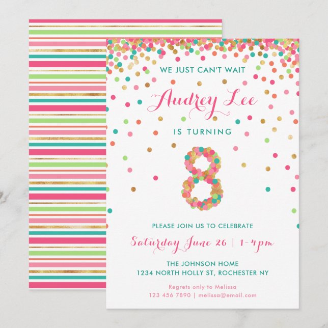 Filles 8e anniversaire Invitation fête d'anniversa (Devant / Derrière)