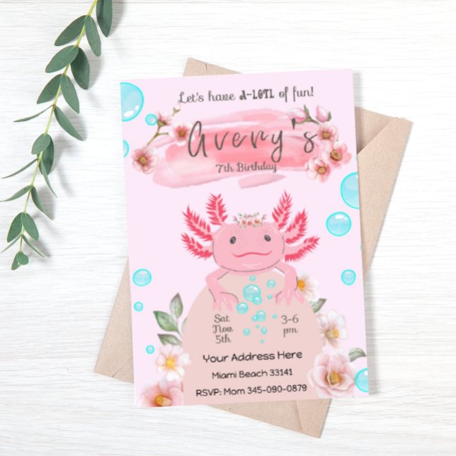 Filles Axolotl Rose mignonne Invitation de fête d' (Créateur téléchargé)