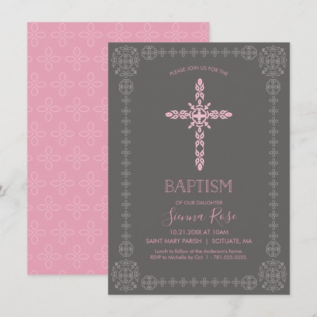 Filles Baptême, Invitation Christening avec Croix (Devant / Derrière)