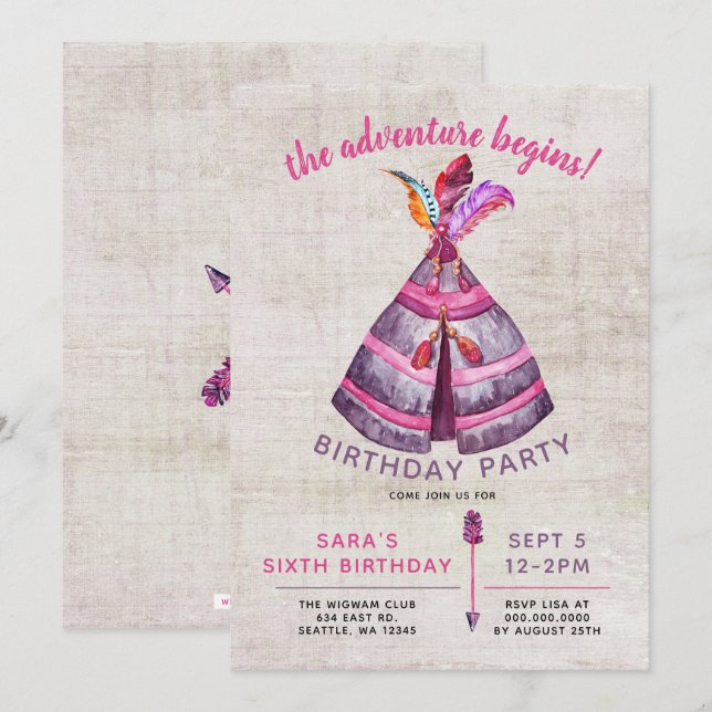 Filles Boho TeePee Invitations d'anniversaire (Devant / Derrière)