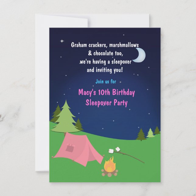 Filles Camping Sleepover Invitation de fête d'anni (Devant)