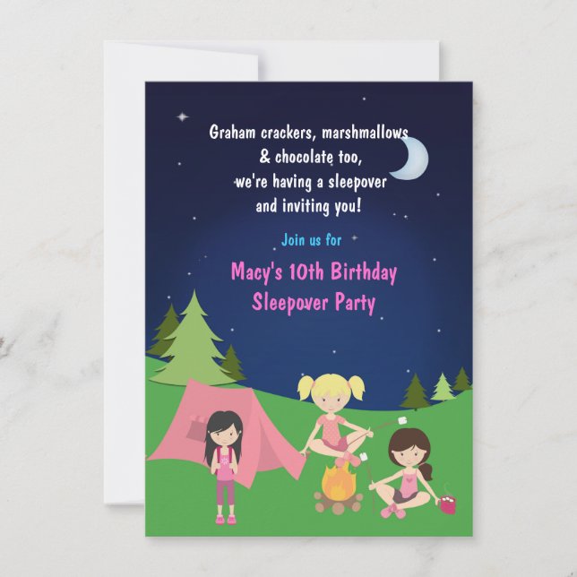 Filles Camping Sleepover Invitation de fête d'anni (Devant)