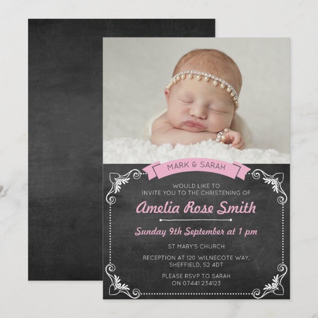 Filles Christening/Baptême Invitation (Devant / Derrière)