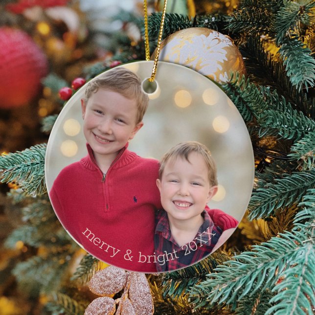 Filles classiques Photo Noël Ornement métallique (Classic Siblings "Merry & Bright" Christmas Photo Ornament)