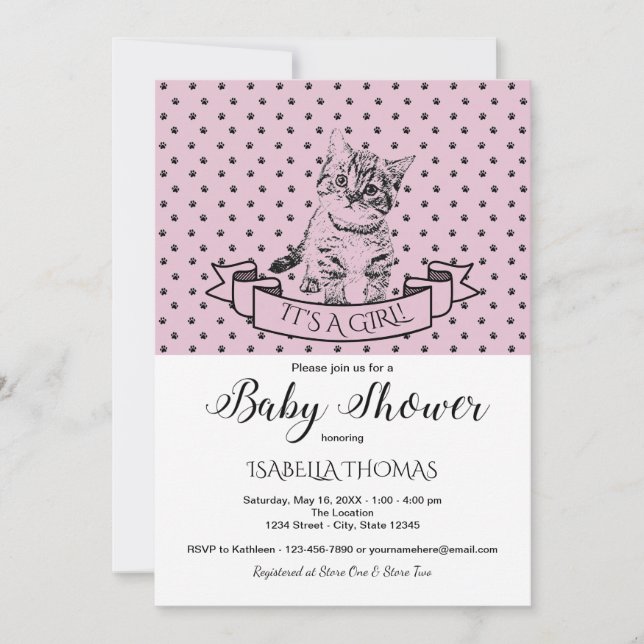 Filles Cute Kitten Purple Baby shower Invitation (Devant)