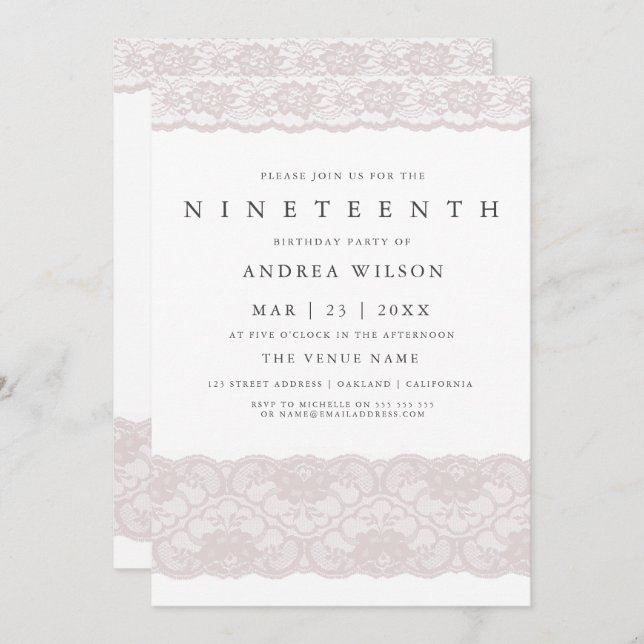 Filles Dentelle rose 19e anniversaire Invitation d (Devant / Derrière)