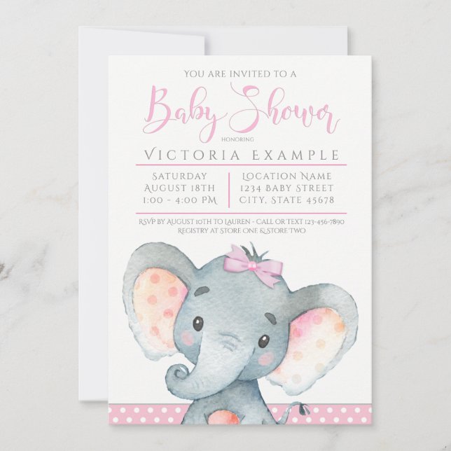 Filles Eléphant mignonne Baby Douche Invitations (Devant)