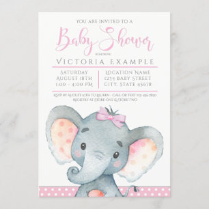 Filles Eléphant mignonne Baby Douche Invitations