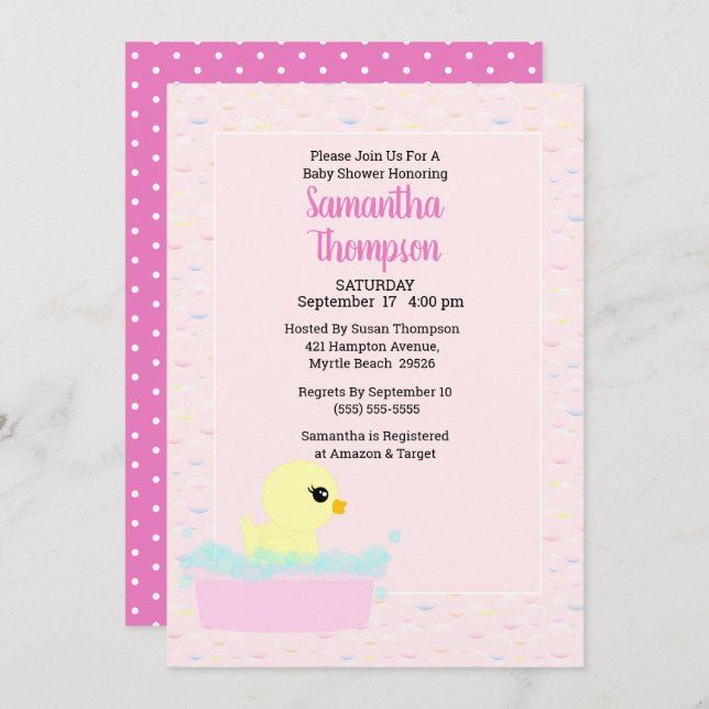 Filles en caoutchouc Ducky Baby Shower Invitations (Devant / Derrière)