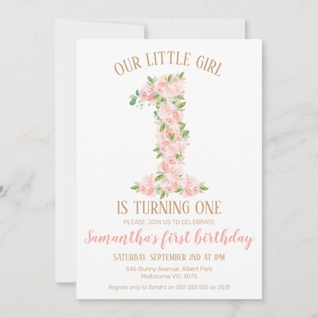 Filles Floral Numéro 1er Invitation anniversaire (Devant)
