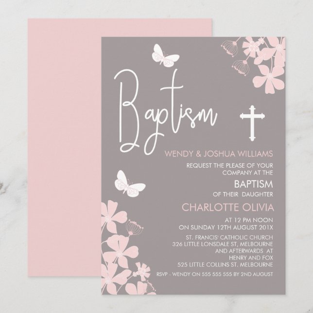 Filles Florales Et Papillons Baptême Invitation (Devant / Derrière)