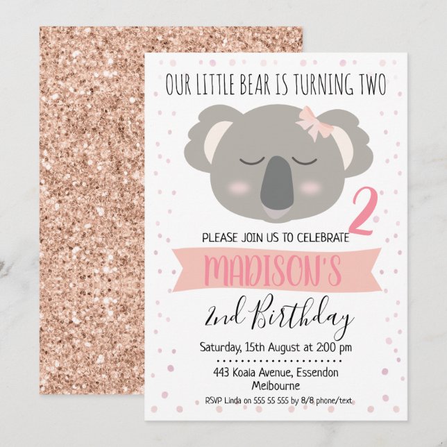 Filles Koala Ours Anniversaire Invitation (Devant / Derrière)