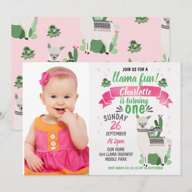 Filles Llama Photo Anniversaire Invitation (Devant / Derrière)