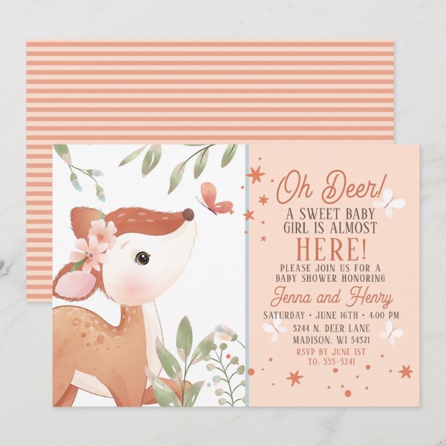 Filles Oh Deer Baby shower Invitation (Devant / Derrière)