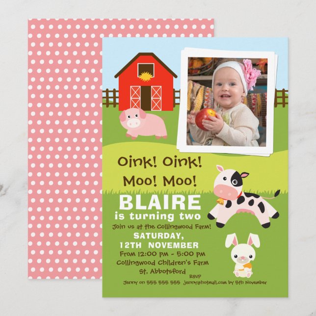 Filles Photo Ferme Invitation Anniversaire (Devant / Derrière)