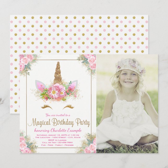 Filles Photo Unicorn Invitations de fête d'anniver (Devant / Derrière)