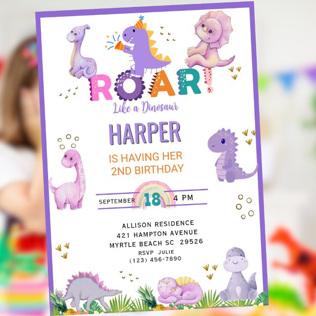 Filles Roar Dinosaure Anniversaire Invitation (Créateur téléchargé)