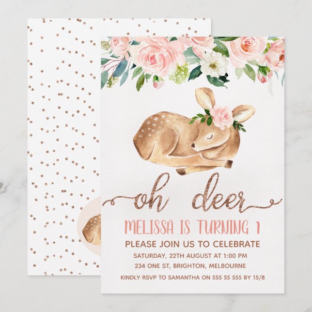 Filles Rose Oh Deer Invitation de fête d'anniversa (Devant / Derrière)