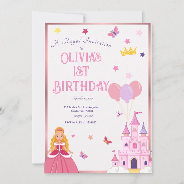 Filles Rose Princesse Personnalisée Invitation Ann (Devant)
