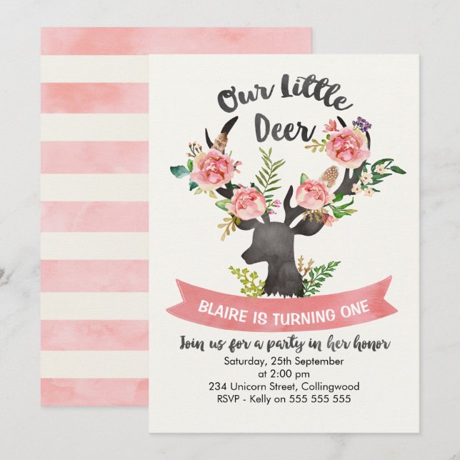Filles Rousses Florales Cerfs Invitation Anniversa (Devant / Derrière)