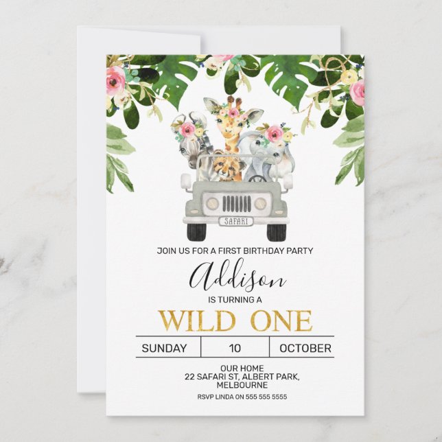 Filles Safari Wild Un Anniversaire Invitation (Devant)