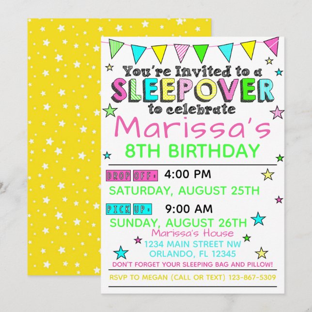 Filles Sleepover Anniversaire Invitation Fête de b (Devant / Derrière)