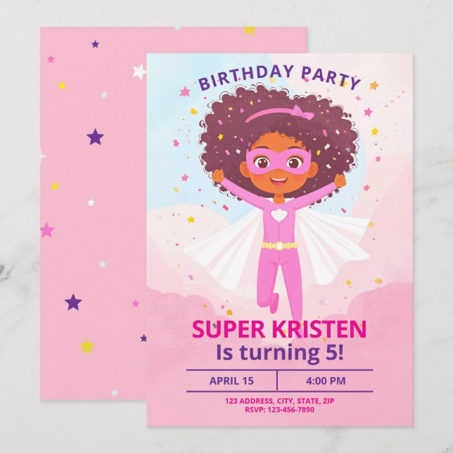 Fille's Super Hero Invitations d'anniversaire - Ed (Devant / Derrière)