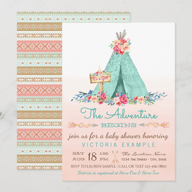 Filles TeePee Baby Shower Invitations (Devant / Derrière)