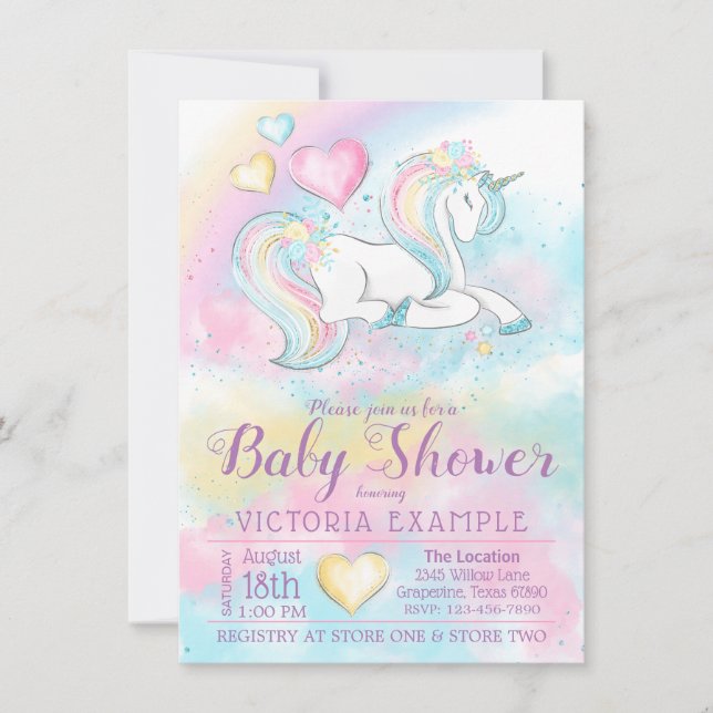 Filles Unicorn Baby Shower Invitations (Devant)