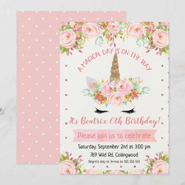 Filles Unicorn Invitation Anniversaire (Devant / Derrière)
