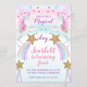 Filles Unicorne Et Étoiles Anniversaire Invitation