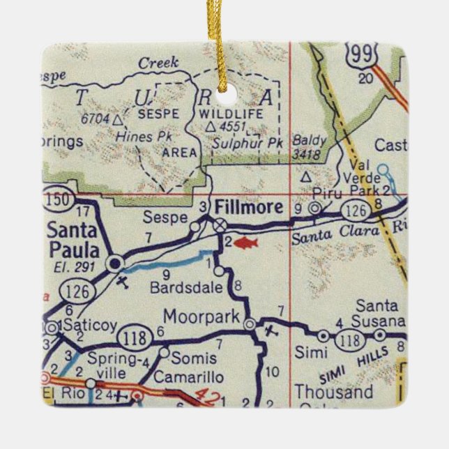 Fillmore CA Vintage Map Ceramic Ornament (Front)