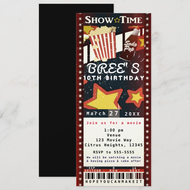 Film Cinéma Popcorn VIP Party Billets Invitation (Devant / Derrière)