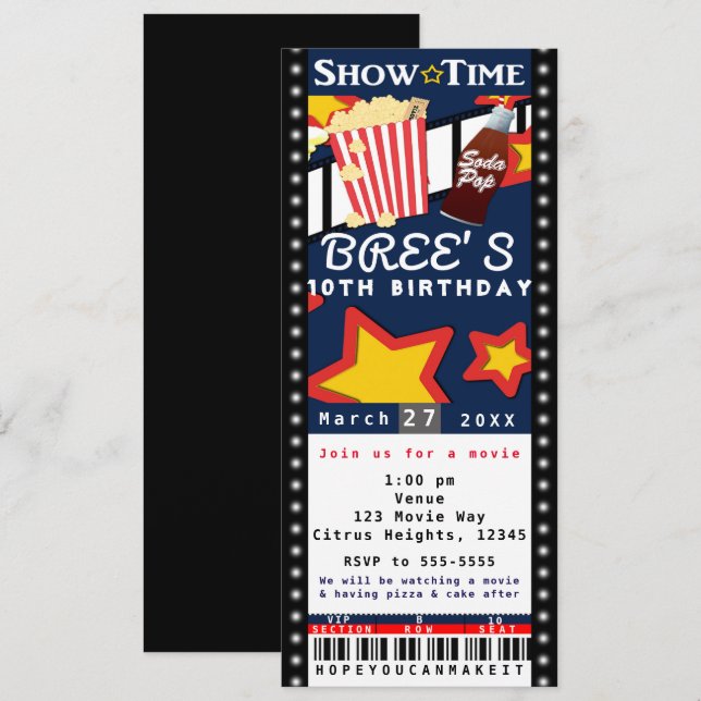 Film Cinéma Popcorn VIP Party Billets Invitation (Devant / Derrière)