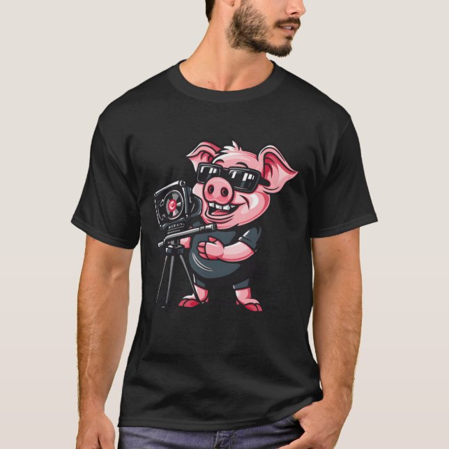 Film Director Camera Man Pig funny T-Shirt (Front)