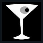 Film Noir Martini Glass Poster<br><div class="desc">This Film Noir Martini Glass Poster features a black background and the image of a white silhouette of a martini glass. Inside the glass is a glorious grey olive with a black pimento. This is a fun poster for everyone who wishes they were a character in a classic movie. Shaken...</div>